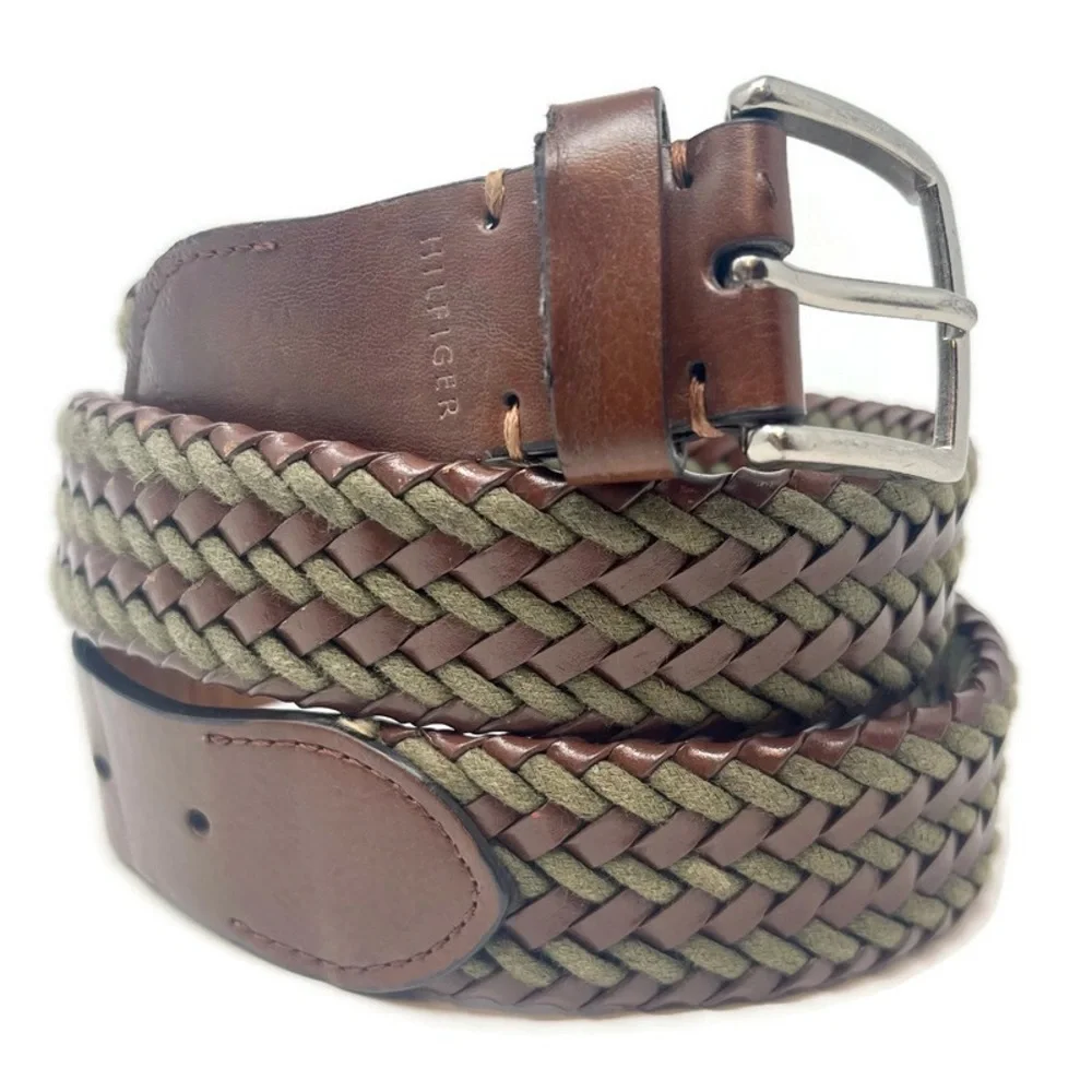 Tommy Hilfiger Handcrafted Braided Vegan Leather Brown &‎ Khaki Belt, Size L